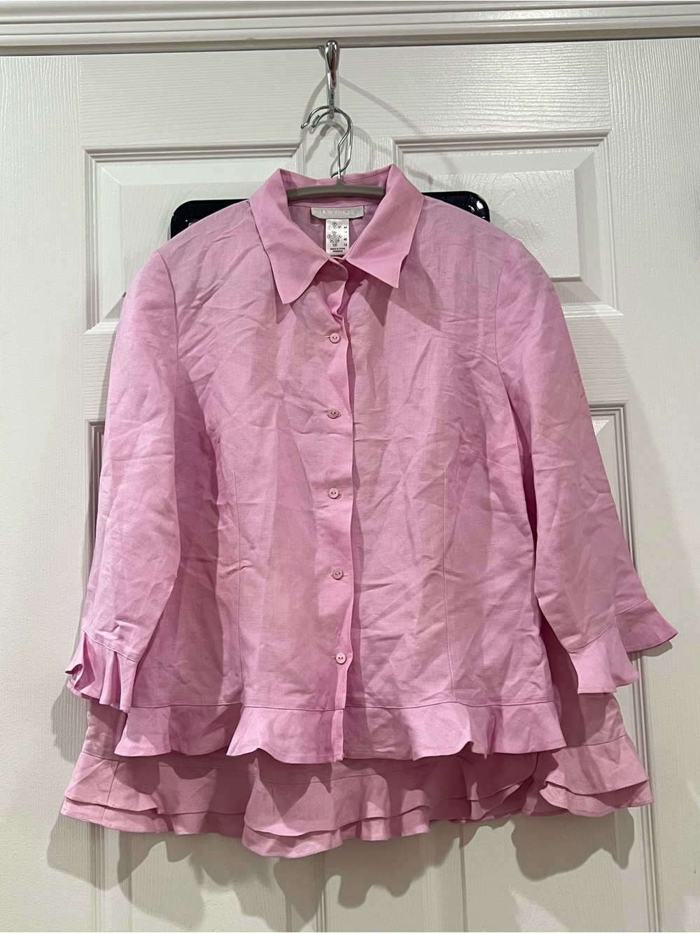 La Boutique Pink Linen Blend Ruffle Top & Skirt Set - Size 12